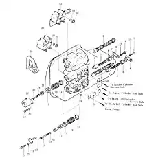 body, main relief valve - Блок «Подъем лезвия и клапан управления рыхлителем»  (номер на схеме: 1)